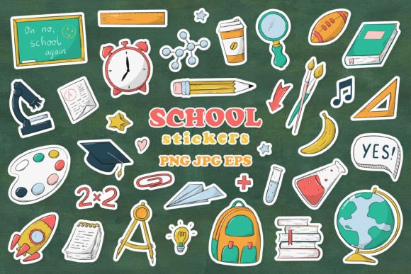 35 School Stickers: EPS, PNG, JPG & PDF